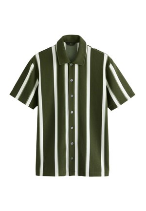 Olive green short-sleeve shirt with vertical white stripes, featuring a button-down front and a standard collar, made from ribbed fabric.