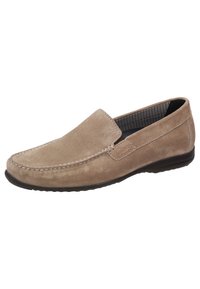 Beige Wildleder Slipper mit runder Spitze, gestickten Details und einer flexiblen Gummisohle. Das Innere verfügt über ein gestreiftes Textilfutter.