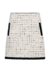 Falda de tweed tejido en tonos claros con acentos negros, que presenta una superficie texturada, dos bolsillos laterales y un dobladillo en contraste.