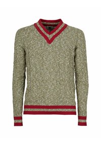 Maglione a V verde e bianco con una lavorazione a trama con dettagli a coste rossi sul colletto e sui polsini, caratterizzato da una finitura testurizzata.