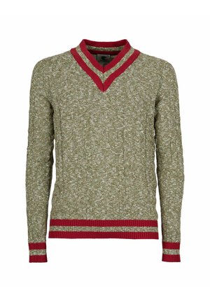 Maglione a V verde e bianco con una lavorazione a trama con dettagli a coste rossi sul colletto e sui polsini, caratterizzato da una finitura testurizzata.