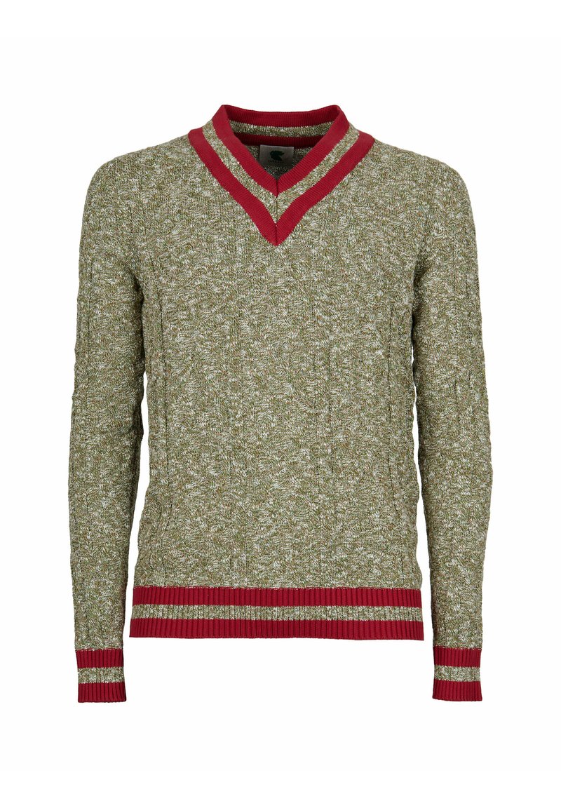 Maglione a V verde e bianco con una lavorazione a trama con dettagli a coste rossi sul colletto e sui polsini, caratterizzato da una finitura testurizzata.