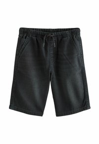 Sorte denimshorts med elastisk talje, snor og to sidelommer. Glat tekstur og knælangt design.