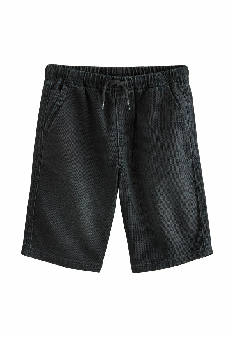 Sorte denimshorts med elastisk talje, snor og to sidelommer. Glat tekstur og knælangt design.