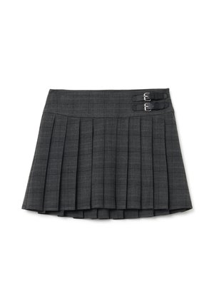 Falda mini a cuadros grises con pliegues. Presenta una cintura plana y dos detalles de hebilla negra en el lateral. Hecha de tela tejida.