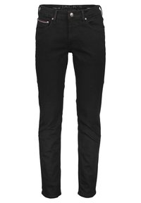 Černé džíny z denimu s úzkým střihem, které mají pět kapes, kovové zapínání na knoflík a decentní značkovou etiketu na pase.