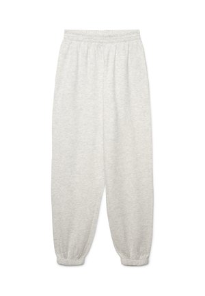Jasnoszare spodnie dresowe z elastycznym pasem i ściągaczami przy nogawkach o gładkiej fakturze. Zaprojektowane z myślą o wygodzie i codziennym noszeniu.