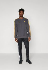 Pelēks sporta džemperis ar zelta svītrām un logotipu, kopā ar melnām biksēm ar baltām sānu svītrām, abi izgatavoti no gluda, sportiska materiāla.