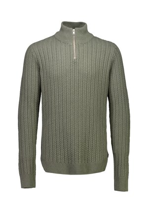 Olivgrüner Strickpullover mit hohem Kragen und halbem Reißverschluss, der ein strukturiertes Zopfmuster sowie gerippte Bündchen und Saum aufweist.