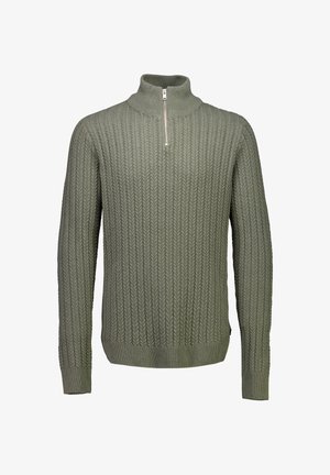 Olivgrüner Strickpullover mit hohem Kragen und halbem Reißverschluss, der ein strukturiertes Zopfmuster sowie gerippte Bündchen und Saum aufweist.