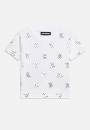 T-shirt bianca a maniche corte con motivo a ripetizione del logo "KL" nero e scollo rotondo, con etichetta "Karl Lagerfeld Kids" all'interno del collo.