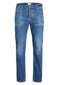 Jeans in denim blu con taglio dritto, dotati di chiusura a bottone, cinque tasche e leggera scoloritura sul tessuto.