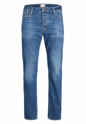 Jeans in denim blu con taglio dritto, dotati di chiusura a bottone, cinque tasche e leggera scoloritura sul tessuto.