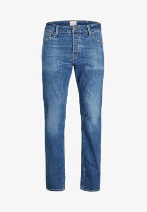 Jeans in denim blu con taglio dritto, dotati di chiusura a bottone, cinque tasche e leggera scoloritura sul tessuto.