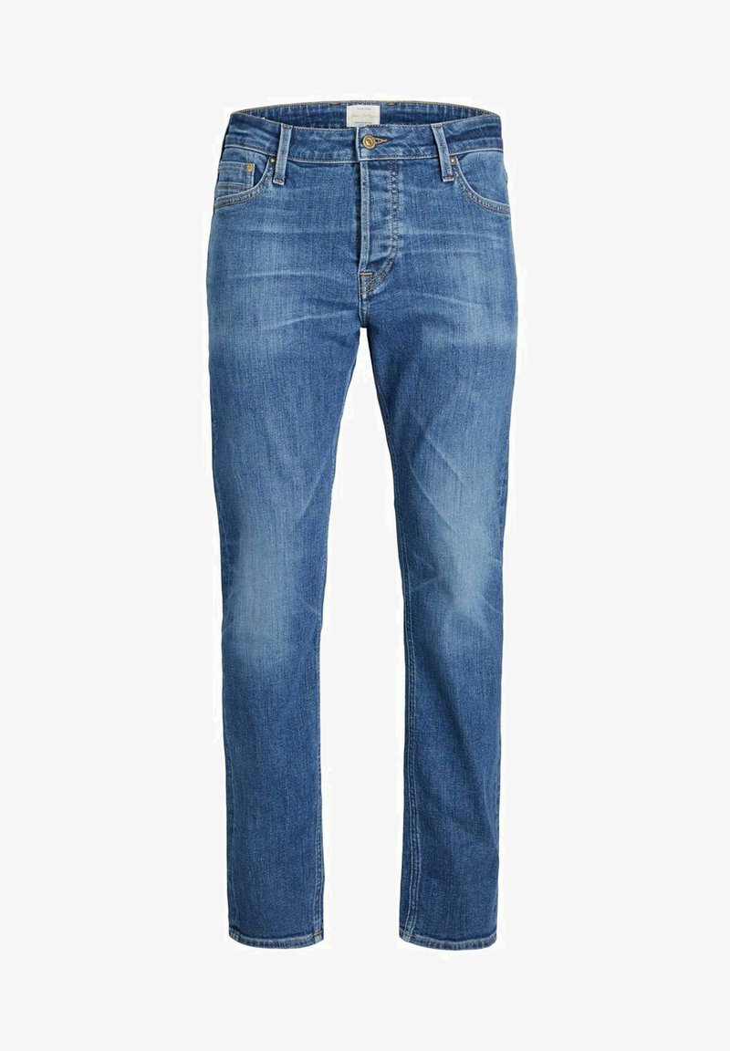 Jeans in denim blu con taglio dritto, dotati di chiusura a bottone, cinque tasche e leggera scoloritura sul tessuto.