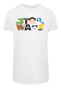 Hvit bomullst-skjorte med fargerik grafisk tekst "STAR WARS" med karakterillustrasjoner og varierte teksturer i et lekent design.