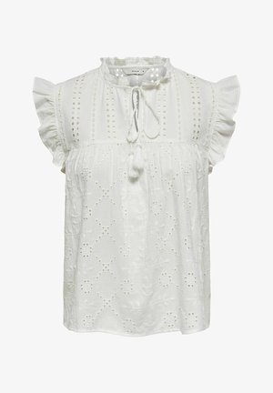 Blusa de algodão branca com gola e mangas franzidas, apresentando padrões bordados e um detalhamento de laço no pescoço. Acabamento texturizado.