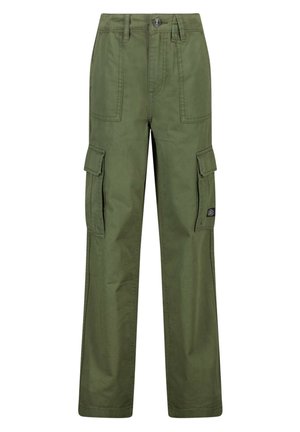 Olive green cargo pants with front flap pockets, straight legs, belt loops, and a button closure at the waist.