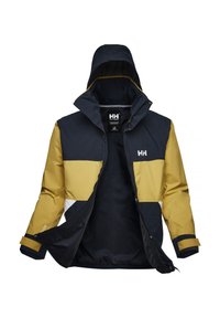 Voděodolná bunda v námořnické modré a žluté barvě. Obsahuje celopropínací zip, kapuci a kontrastní barevné panely. Texturovaná látka s logem.