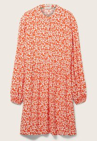 Robe rouge avec un motif de feuilles blanches, col rond, fermeture à boutons sur le devant, longues manches bouffantes et taille froncée pour un ajustement décontracté.