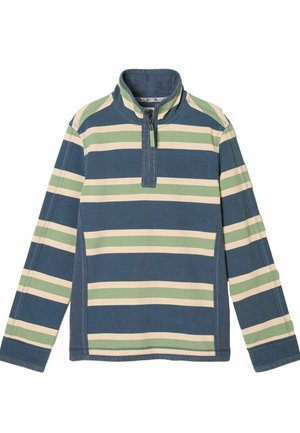 Langärmliger Pullover mit einem Viertel-Reißverschluss am Kragen, versehen mit horizontalen blauen und grünen Streifen und einer weichen Baumwollmischung.