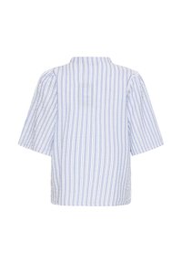 Blouse à manches courtes à rayures verticales bleues et blanches, coupe ample, avec un col rond vue de dos.
