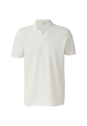 Weißes kurzärmeliges Polohemd mit V-Ausschnitt, aus glattem Stoff gefertigt, vor weißem Hintergrund dargestellt.