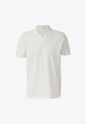 Polo blanc à manches courtes avec col en V, en tissu lisse, présenté sur un fond blanc uni.