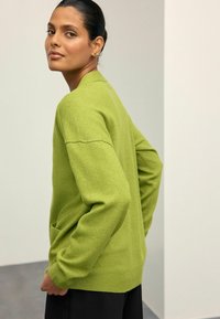 Grüner Wollpullover mit einem entspannten Schnitt, gestrickter Textur, langen Ärmeln, Seitentaschen und geripptem Saum, kombiniert mit schwarzen Hosen.