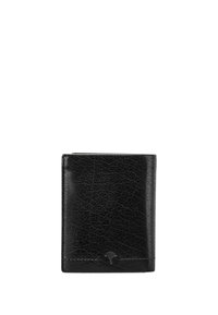 Portafoglio in pelle nera con finitura testurizzata, caratterizzato da un design pieghevole e dettagli di cucitura discreti lungo i bordi.