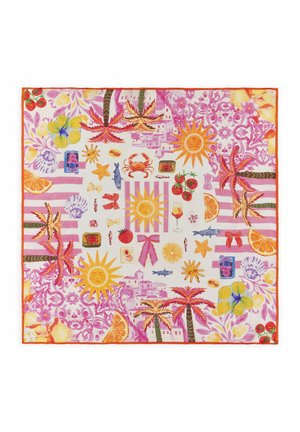 Colorful scarf with sun faces, palm trees, crabs, fish, tomatoes, citrus slices, shells, and striped patterns in pink, orange, purple, and yellow tones.