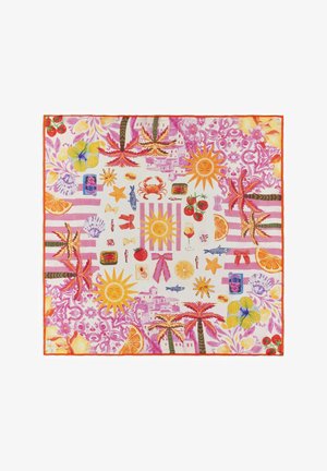 Bunter Schal mit Sonnen-Gesichtern, Palmen, Krabben, Fischen, Tomaten, Zitrusscheiben, Muscheln und gestreiften Mustern in Rosa-, Orange-, Lila- und Gelbtönen.