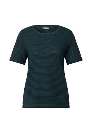 Donkergroene korte mouwen t-shirt van textuurmateriaal met een ronde halslijn en een subtiel patroon van verhogingen verspreid over de stof.