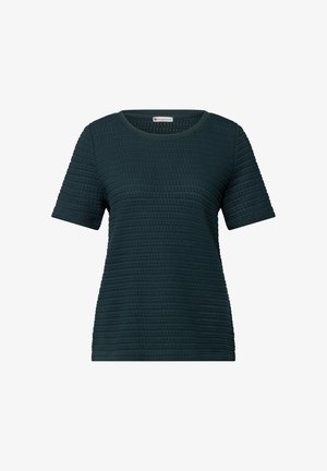 Dunkelgrünes kurzärmeliges T-Shirt aus strukturiertem Stoff mit rundem Ausschnitt und einem subtilen Muster erhöhter Linien.