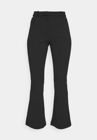 Svarta höga byxor för kvinnor med bältesömmar och utsvängda ben, visade mot en vit bakgrund.