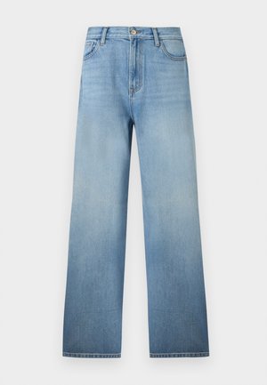 Svetlomodré rifle s priamymi nohavicami, päťvreckový dizajn, pútka na opasok, zapínanie na gombík a jemné blednutie od pásu po lem.