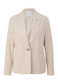 Lichtbeige damesblazer van textuurstof. Heeft een notch-lapel, een enkele knoopsluiting en twee voorzakken.