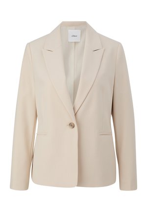 Lichtbeige damesblazer van textuurstof. Heeft een notch-lapel, een enkele knoopsluiting en twee voorzakken.