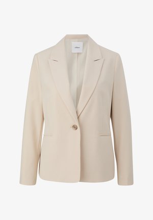 Hellbeige Damenblazer aus strukturiertem Stoff. Mit Reverskragen, einem Knopfverschluss und zwei Fronttaschen.