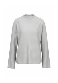 Lichtgrijze geribbelde lange mouw top met een hoge hals en een iets oversized pasvorm. Gemaakt van zachte stof met verticale textuurdetails.