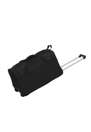 Black rolling duffel bag with two wheeled base, extendable handle, top carry handle, and smooth texture. Compact design suitable for travel.