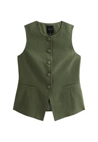 Chaleco sin mangas de color verde oliva con cinco botones prominentes, dos bolsillos frontales y un diseño estructurado. Fabricado en un tejido ligero.