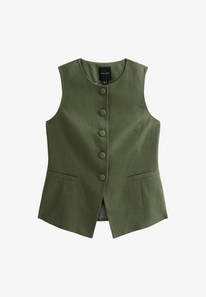 Chaleco sin mangas de color verde oliva con cinco botones prominentes, dos bolsillos frontales y un diseño estructurado. Fabricado en un tejido ligero.