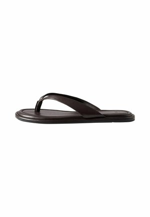 Black leather flip-flop sandal with a cushioned sole and wide straps, shown from the side on a white background.
