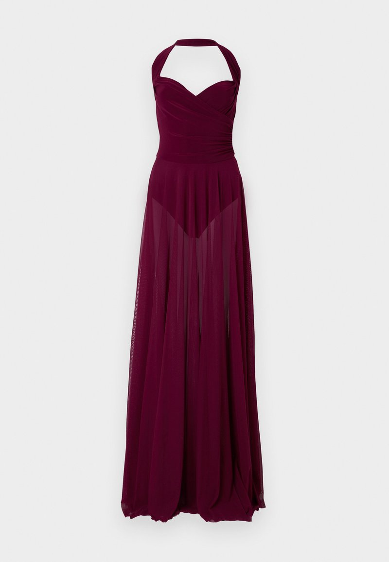 Bordeauxfarbenes Neckholderkleid mit tailliertem Oberteil und fließendem, transparentem Rock. Verfügt über Rüschen am Bustier und ein langes, fließendes Design.