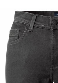 Dunkelgraue Jeans aus Denim mit einer figurnahen Passform, ausgestattet mit einer Fronttasche, Gürtelschlaufen und kontrastierenden Nähten entlang der Nähte.