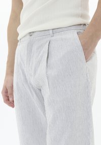 Pantalons rayés en gris clair et blanc, avec une coupe ample, un devant plissé et des poches latérales. Le tissu semble doux avec un aspect texturé.