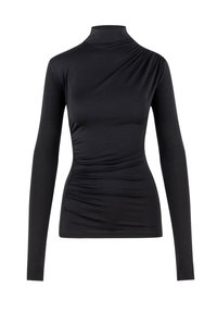 Schwarzes Langarmoberteil mit einem Stehkragen, das über geraffte Details auf einer Seite und einen glatten Stoff verfügt, eng anliegendes Design.