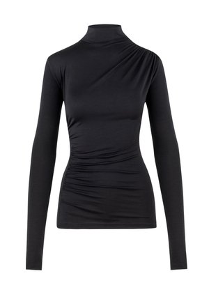 Zwarte longsleeve top met een opstaande kraag, met gerimpelde details aan één kant en een gladde stof, in een getailleerd ontwerp.