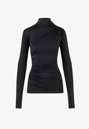 Zwarte longsleeve top met een opstaande kraag, met gerimpelde details aan één kant en een gladde stof, in een getailleerd ontwerp.